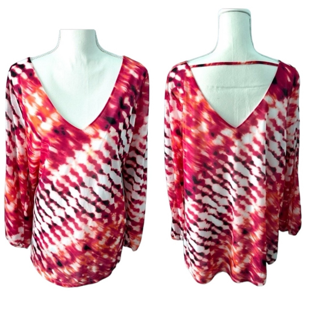 Worthington Plus Size 1X Abstract Print Top V-Front V-Back Slit Sleeves Lined